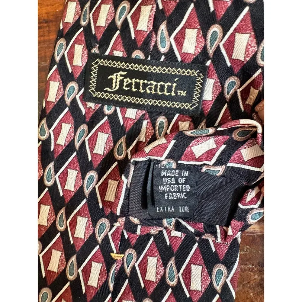 Ferracci Extra Long Men’s Tie Geometric Burgundy Black Teal 62” Polyester